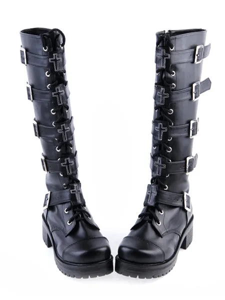 Gothic Black Lolita Boots Square Heels Platform Shoelace Straps Buckles