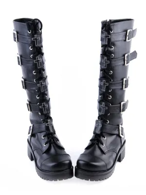 Gothic Black Lolita Boots Square Heels Platform Shoelace Straps Buckles