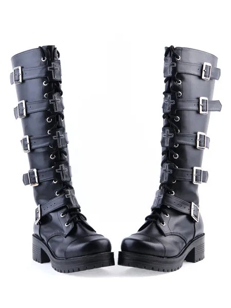 Gothic Black Lolita Boots Square Heels Platform Shoelace Straps Buckles