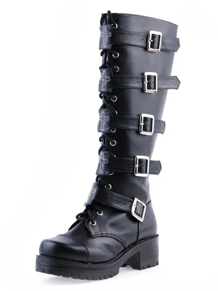 Gothic Black Lolita Boots Square Heels Platform Shoelace Straps Buckles
