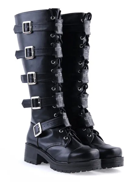 Gothic Black Lolita Boots Square Heels Platform Shoelace Straps Buckles
