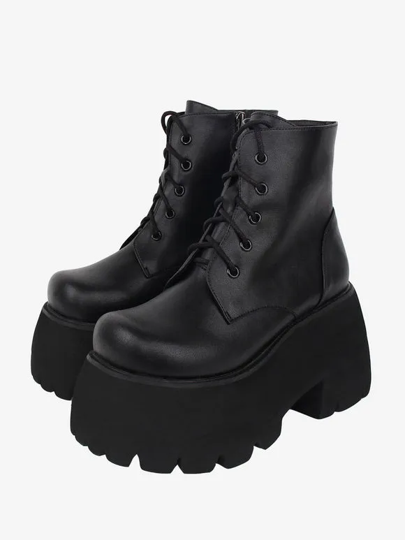 Gothic Lolita Boots Black Round Toe PU Leather Lolita Footwear