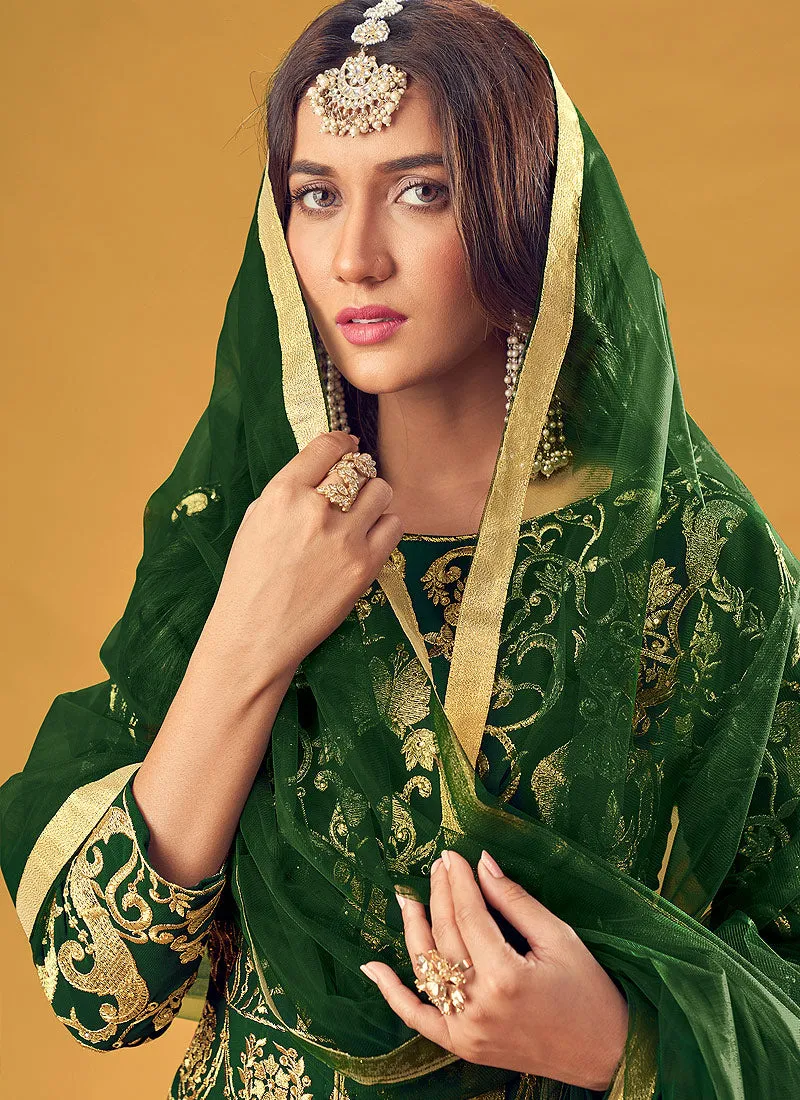 Green Golden Embroidered Slit Style Palazzo Suit