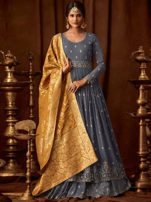 Grey And Mustard Embroidered Wedding Anarkali Lehenga Suit