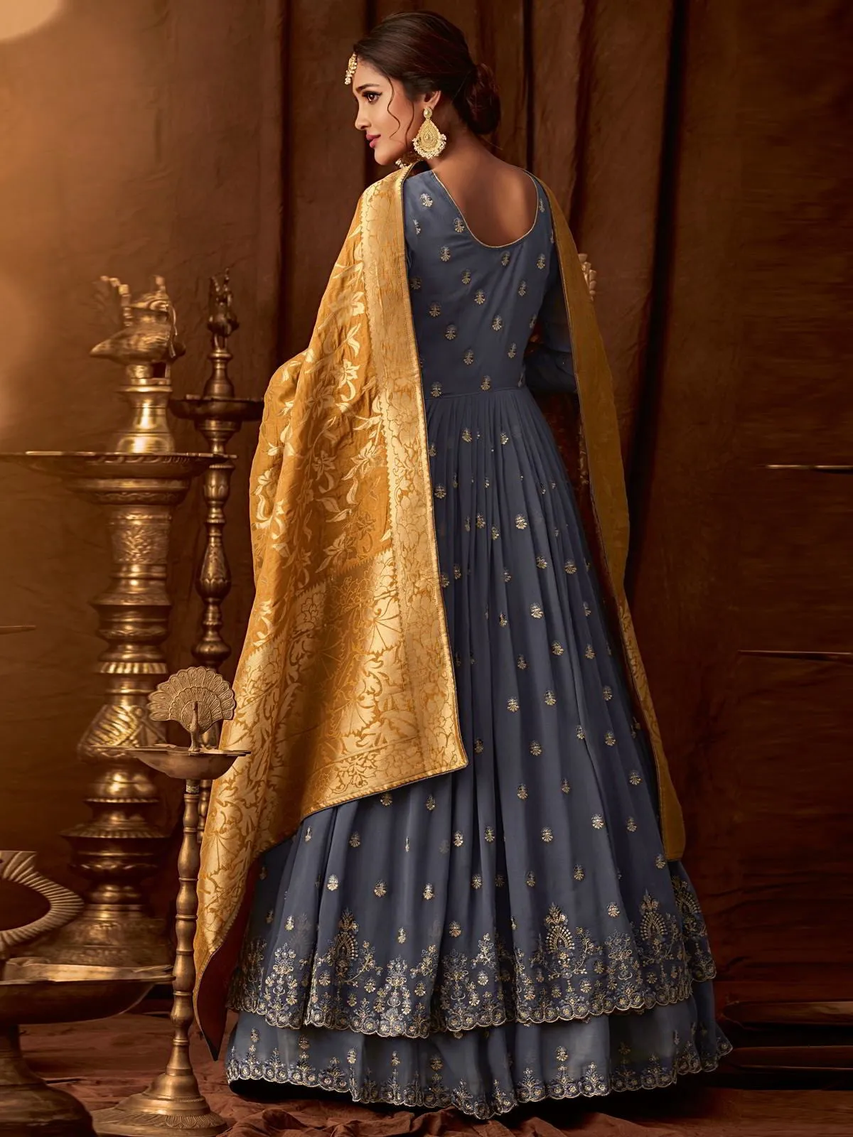Grey And Mustard Embroidered Wedding Anarkali Lehenga Suit