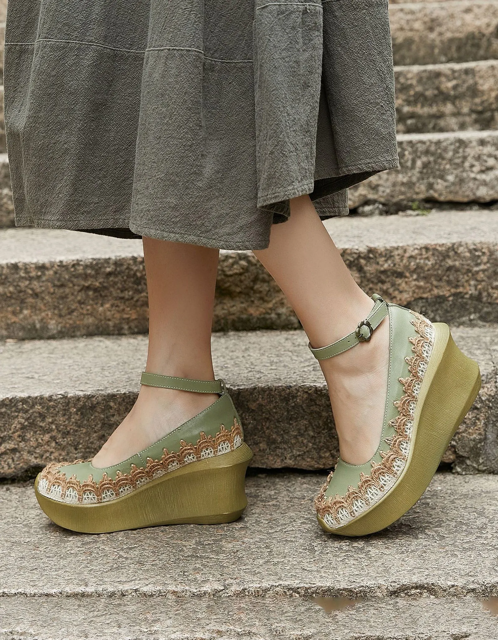 Handmade Embroidery Ankle Strap Elegant Wedge Sandals