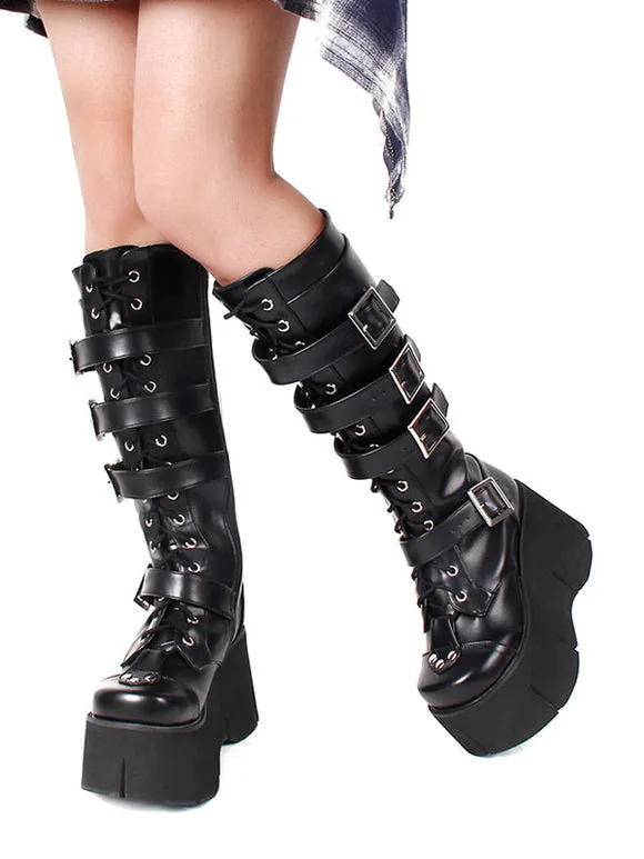 Harajuku Fashion Lolita Mid Calf Boots Black Square Toe Wedge Heel PU Leather Lolita Footwear