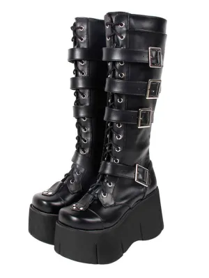 Harajuku Fashion Lolita Mid Calf Boots Black Square Toe Wedge Heel PU Leather Lolita Footwear