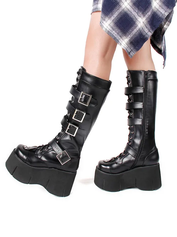 Harajuku Fashion Lolita Mid Calf Boots Black Square Toe Wedge Heel PU Leather Lolita Footwear