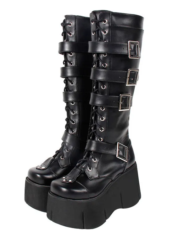 Harajuku Fashion Lolita Mid Calf Boots Black Square Toe Wedge Heel PU Leather Lolita Footwear