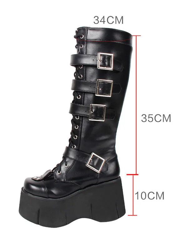 Harajuku Fashion Lolita Mid Calf Boots Black Square Toe Wedge Heel PU Leather Lolita Footwear