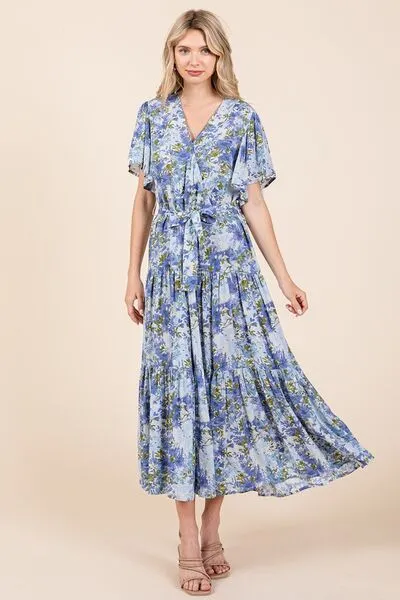 Hazel Blues® |  Mittoshop Floral Tie Waist Flutter Sleeve Tiered Dress