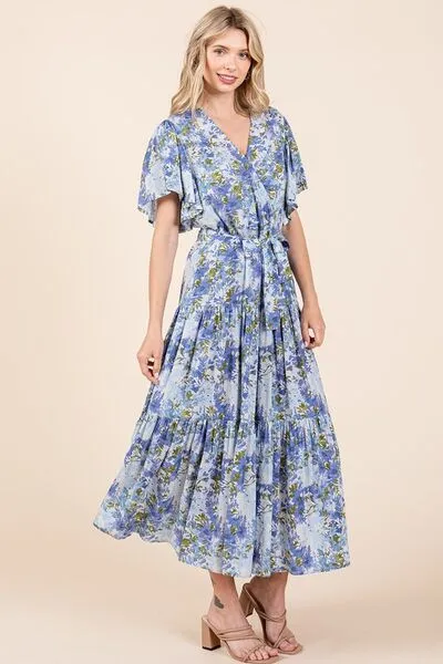 Hazel Blues® |  Mittoshop Floral Tie Waist Flutter Sleeve Tiered Dress