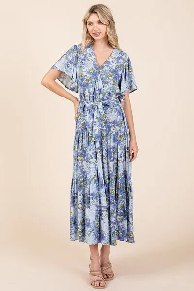 Hazel Blues® |  Mittoshop Floral Tie Waist Flutter Sleeve Tiered Dress