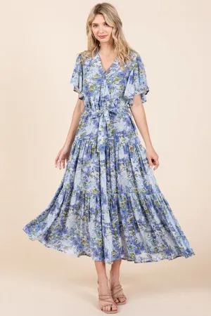 Hazel Blues® |  Mittoshop Floral Tie Waist Flutter Sleeve Tiered Dress