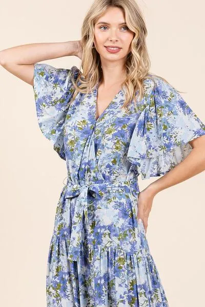 Hazel Blues® |  Mittoshop Floral Tie Waist Flutter Sleeve Tiered Dress