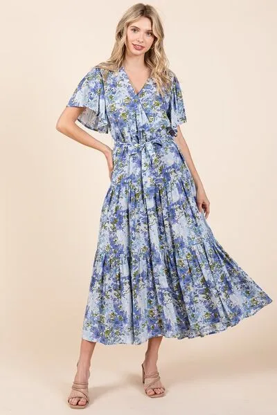 Hazel Blues® |  Mittoshop Floral Tie Waist Flutter Sleeve Tiered Dress