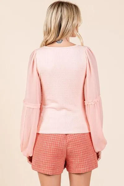Hazel Blues® |  Mittoshop Mixed Media Textured Knit Chiffon Long Sleeve Top