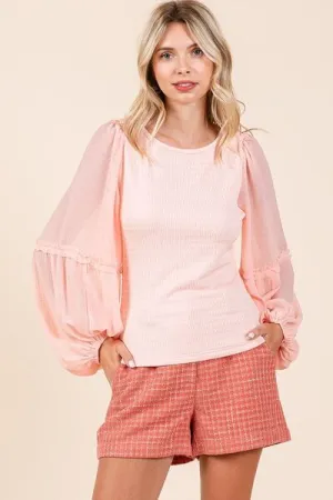 Hazel Blues® |  Mittoshop Mixed Media Textured Knit Chiffon Long Sleeve Top