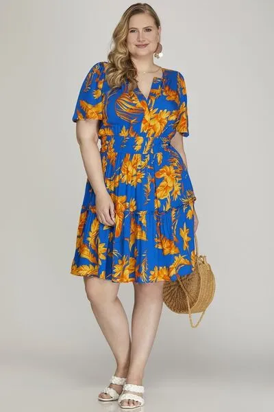 Hazel Blues® | She   Sky Printed Notched Short Sleeve Frill Tiered Dress