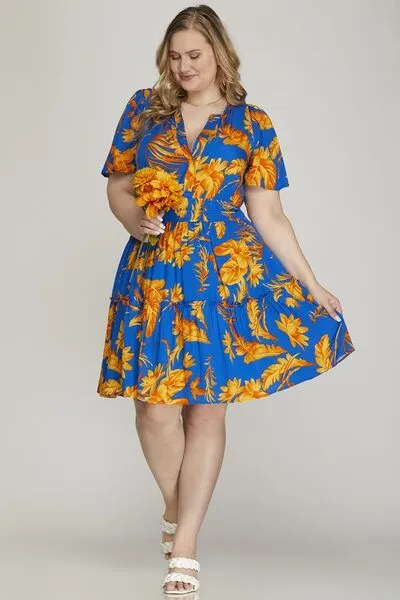 Hazel Blues® | She   Sky Printed Notched Short Sleeve Frill Tiered Dress
