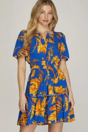 Hazel Blues® | She   Sky Printed Notched Short Sleeve Frill Tiered Dress