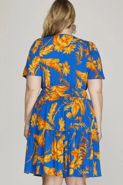 Hazel Blues® | She   Sky Printed Notched Short Sleeve Frill Tiered Dress
