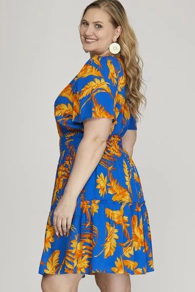 Hazel Blues® | She   Sky Printed Notched Short Sleeve Frill Tiered Dress