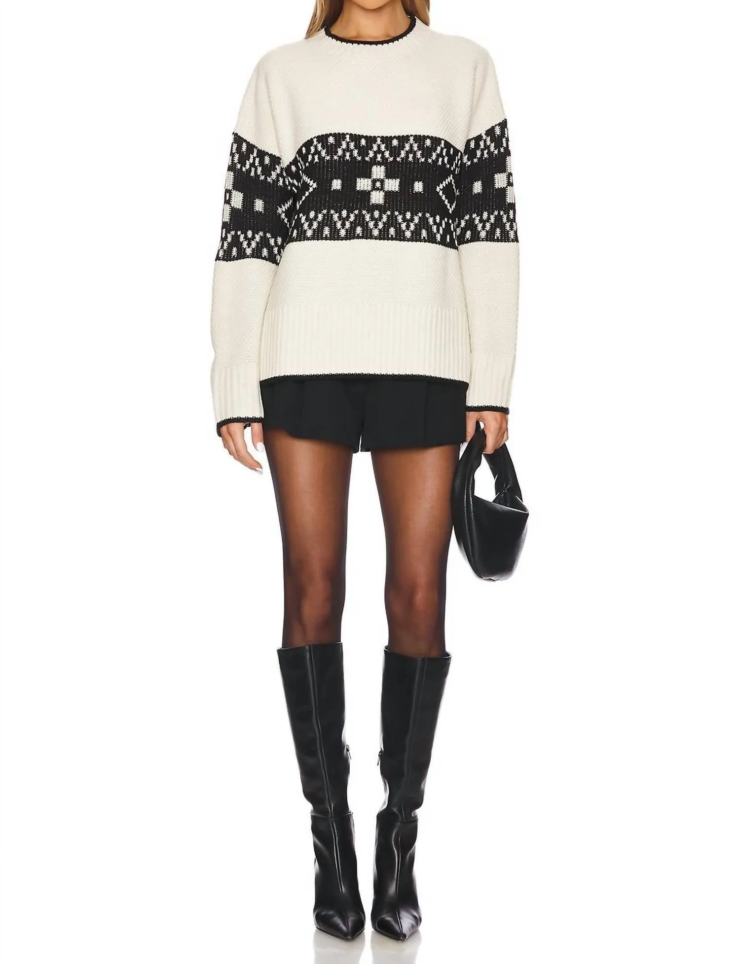 Lenni Crewneck Sweater In Oatmeal Black Fairisle