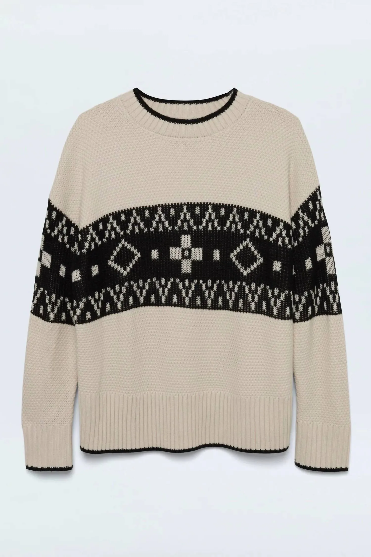 Lenni Crewneck Sweater In Oatmeal Black Fairisle