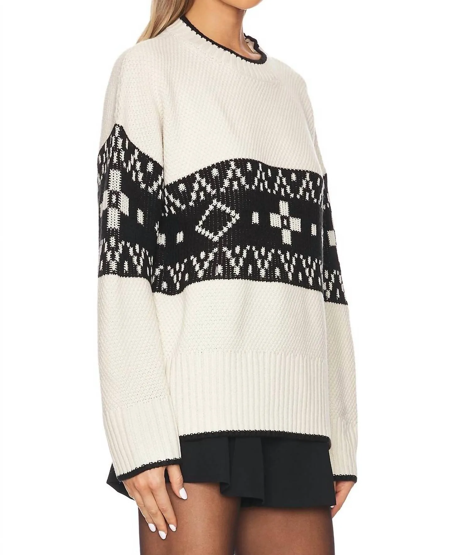 Lenni Crewneck Sweater In Oatmeal Black Fairisle