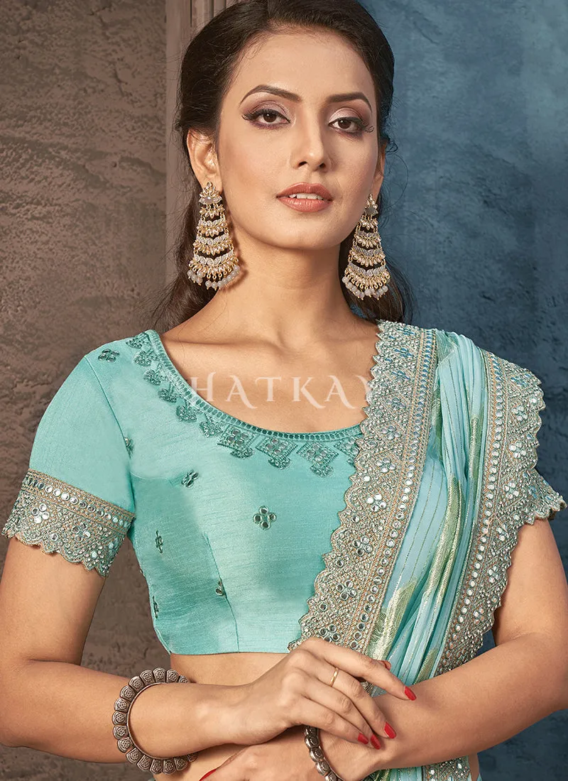 Light Blue Mirror Work Embroidery Party Wear Saree
