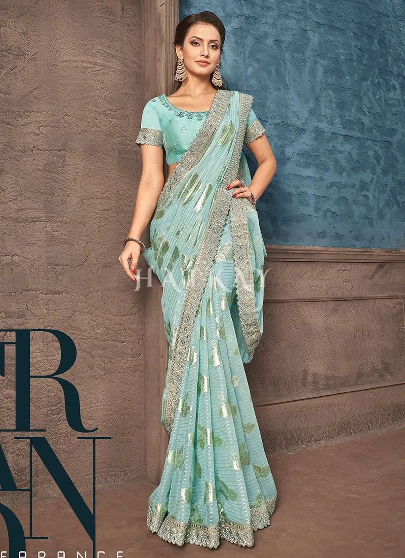 Light Blue Mirror Work Embroidery Party Wear Saree
