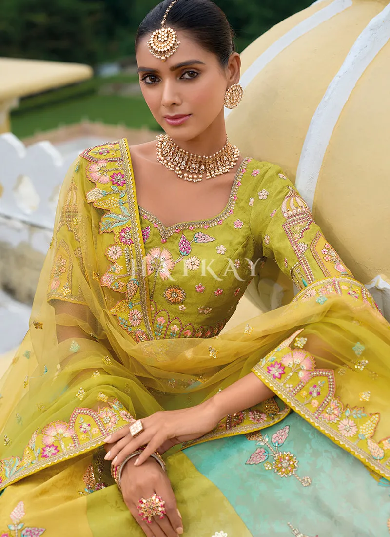 Lime Green And Blue Traditional Embroidery Bridal Lehenga Choli