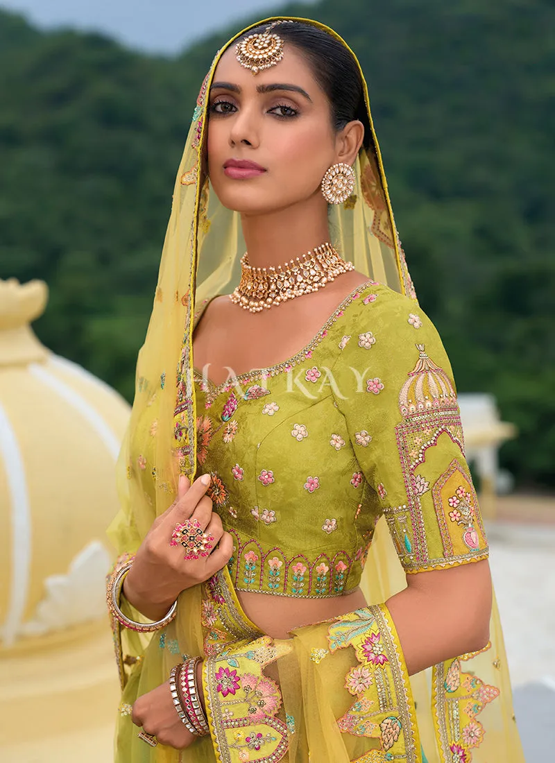 Lime Green And Blue Traditional Embroidery Bridal Lehenga Choli