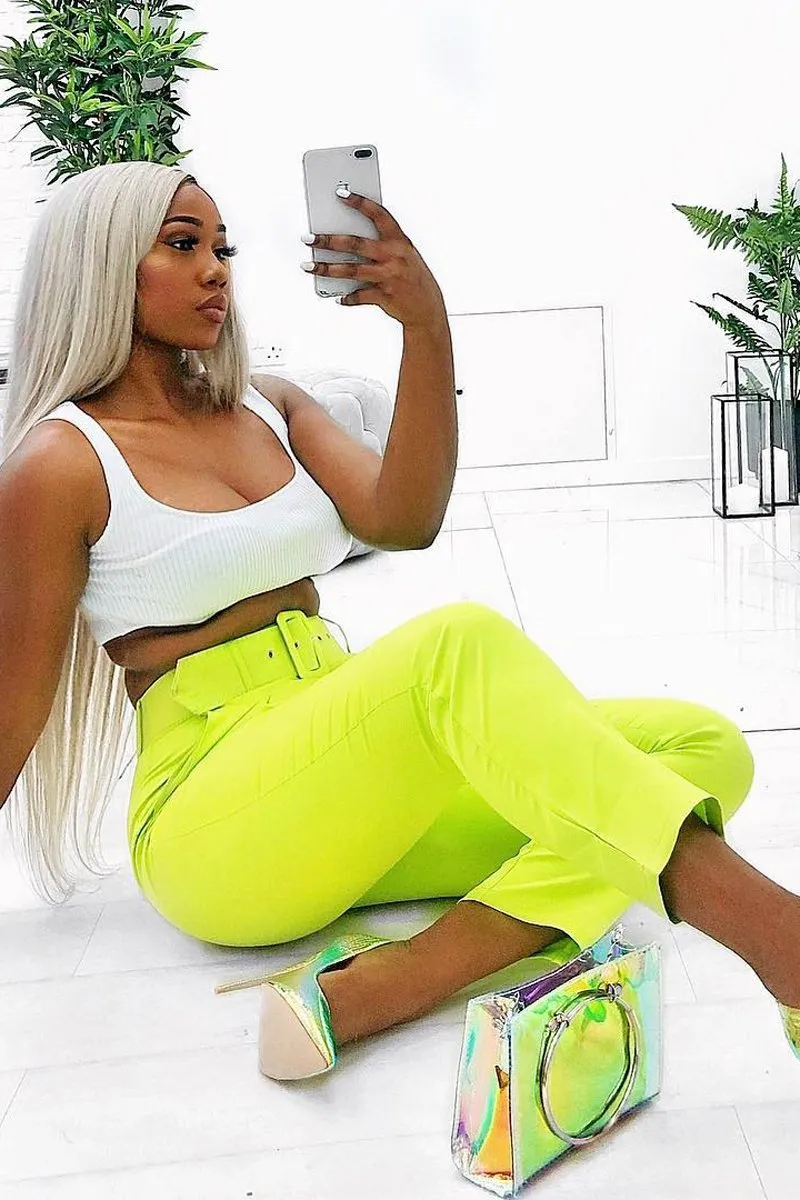 Lime Green Belted Tapered Peg Trousers - Jessika