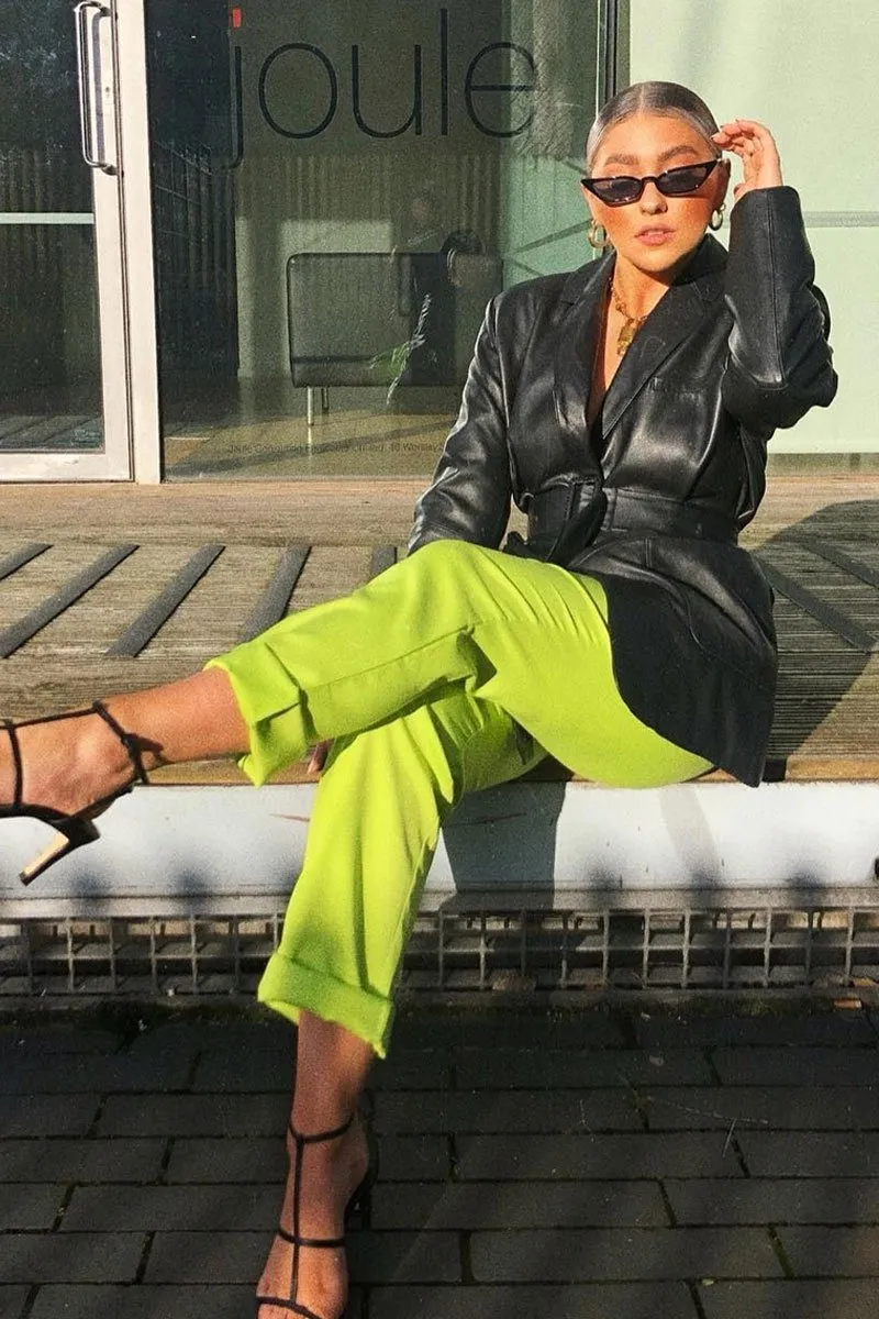 Lime Green Belted Tapered Peg Trousers - Jessika