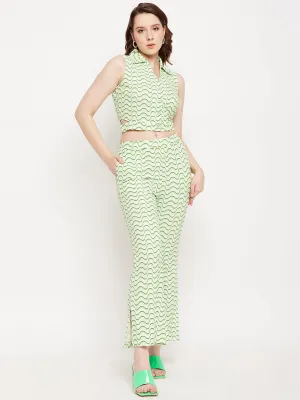 Madame Green Spread Collared Abstract Printed Co-Ord Set