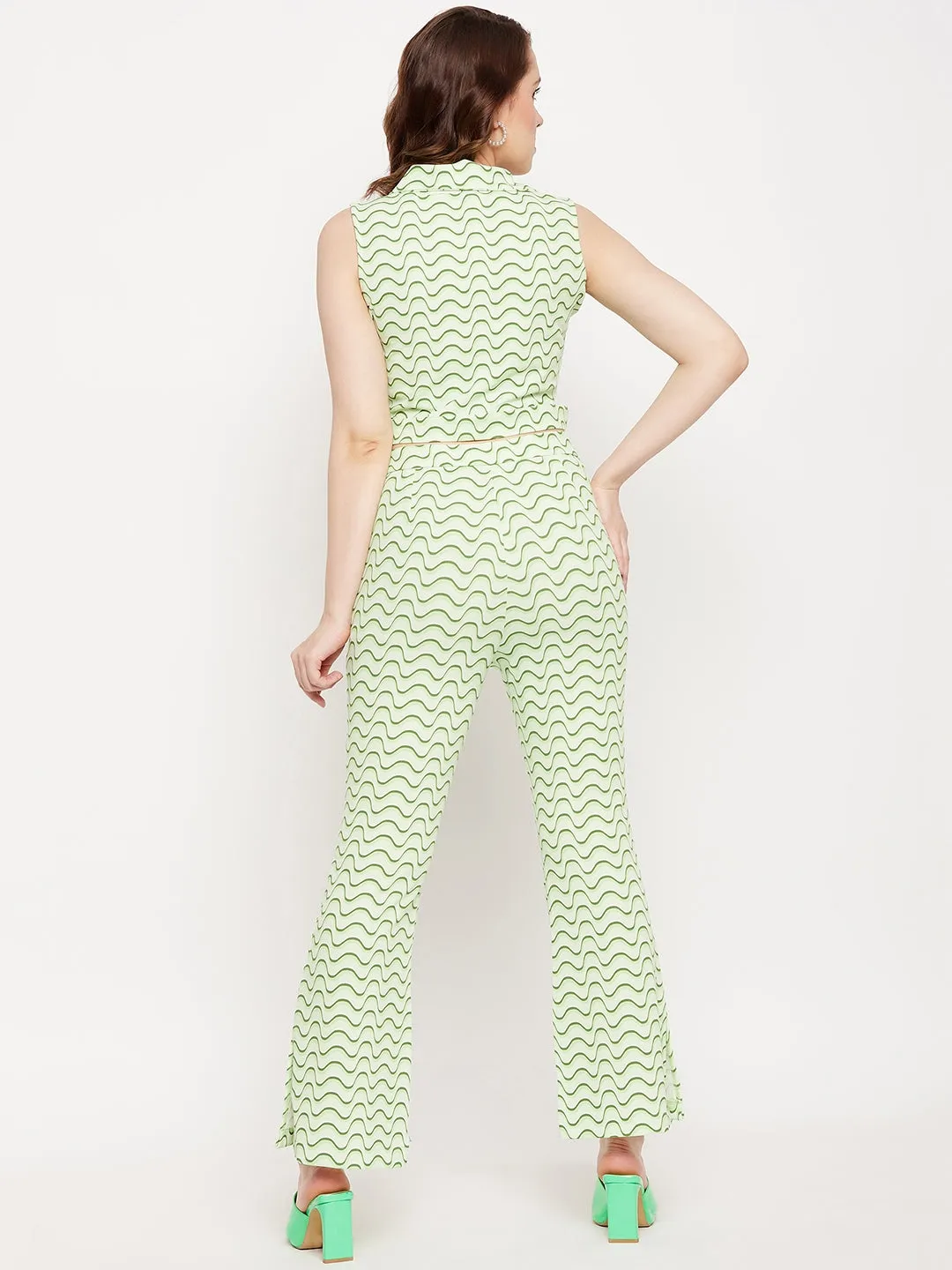 Madame Green Spread Collared Abstract Printed Co-Ord Set