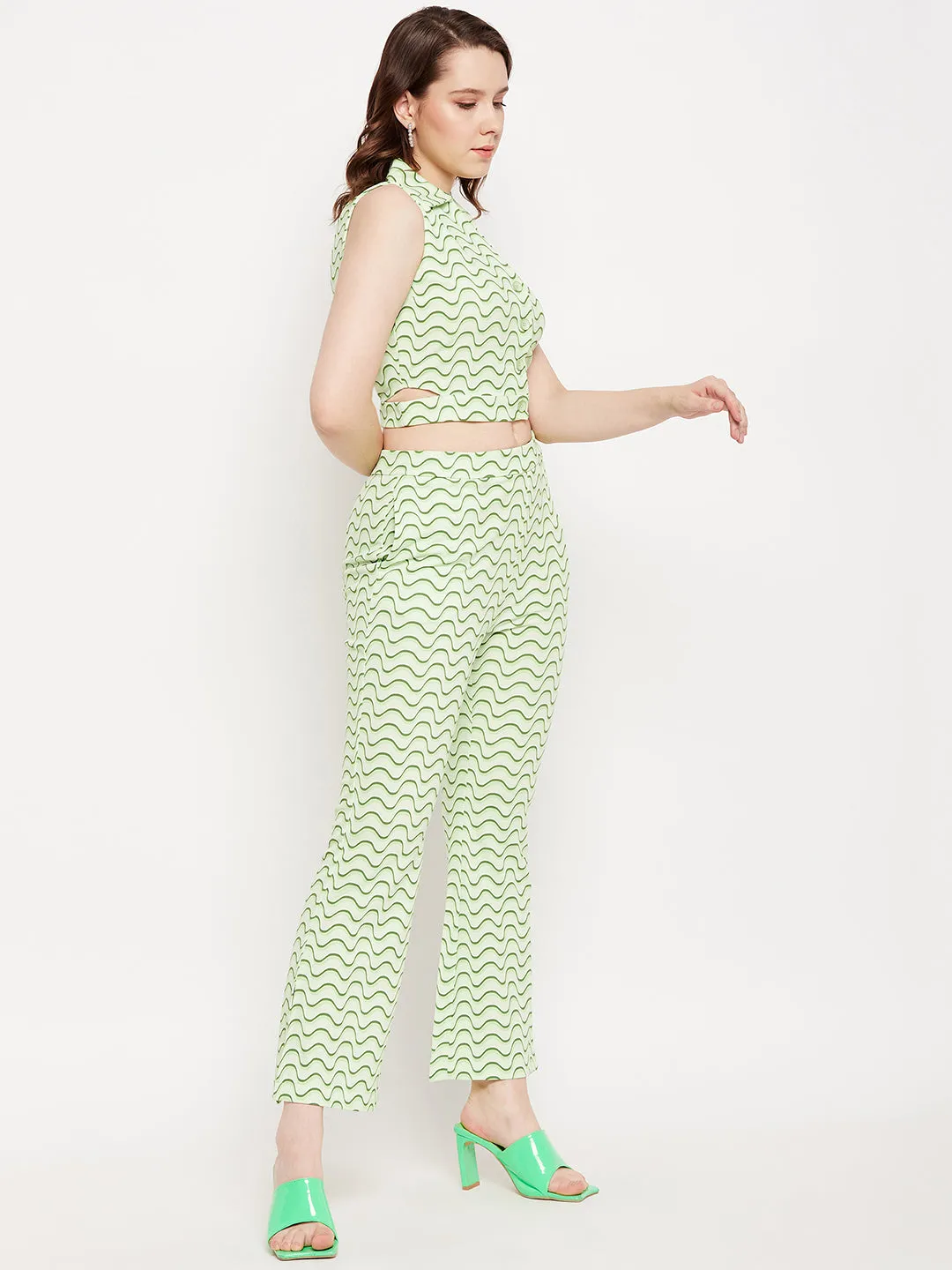 Madame Green Spread Collared Abstract Printed Co-Ord Set