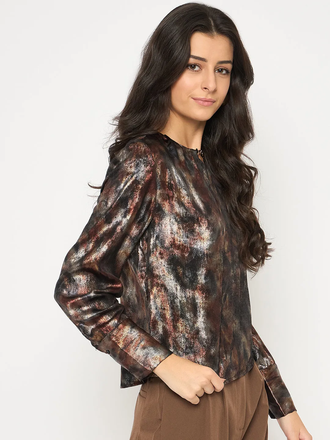 Madame Metal Buckled Neckline Tie Dye Black Satin Top