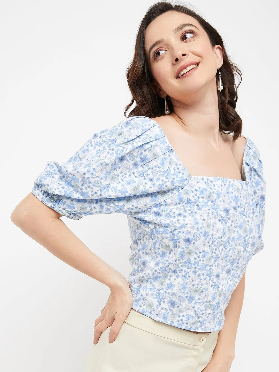 Madame Sky Floral Square Neckline Puffed  Sleeves Top