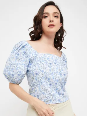 Madame Sky Floral Square Neckline Puffed  Sleeves Top