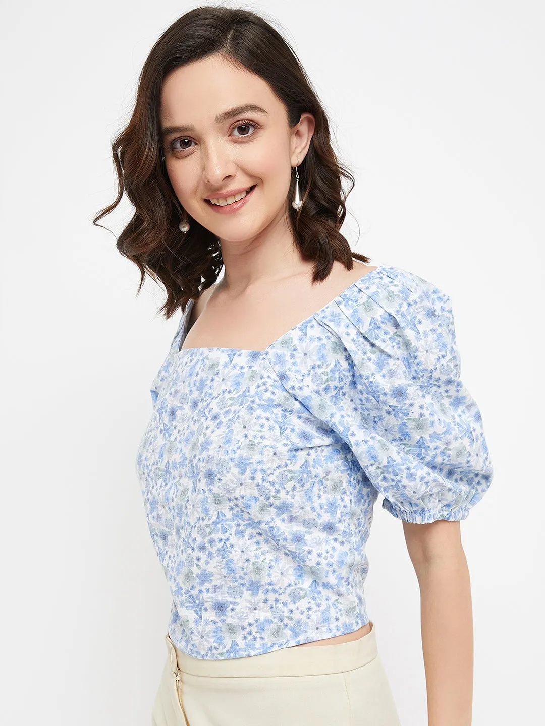Madame Sky Floral Square Neckline Puffed  Sleeves Top