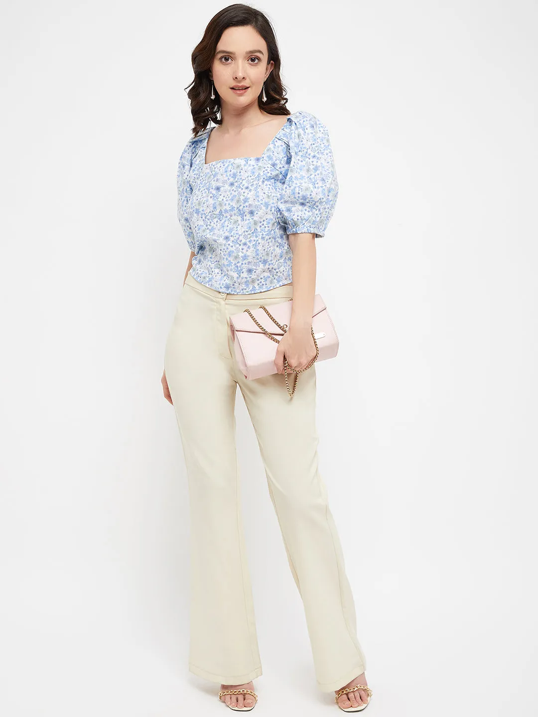 Madame Sky Floral Square Neckline Puffed  Sleeves Top