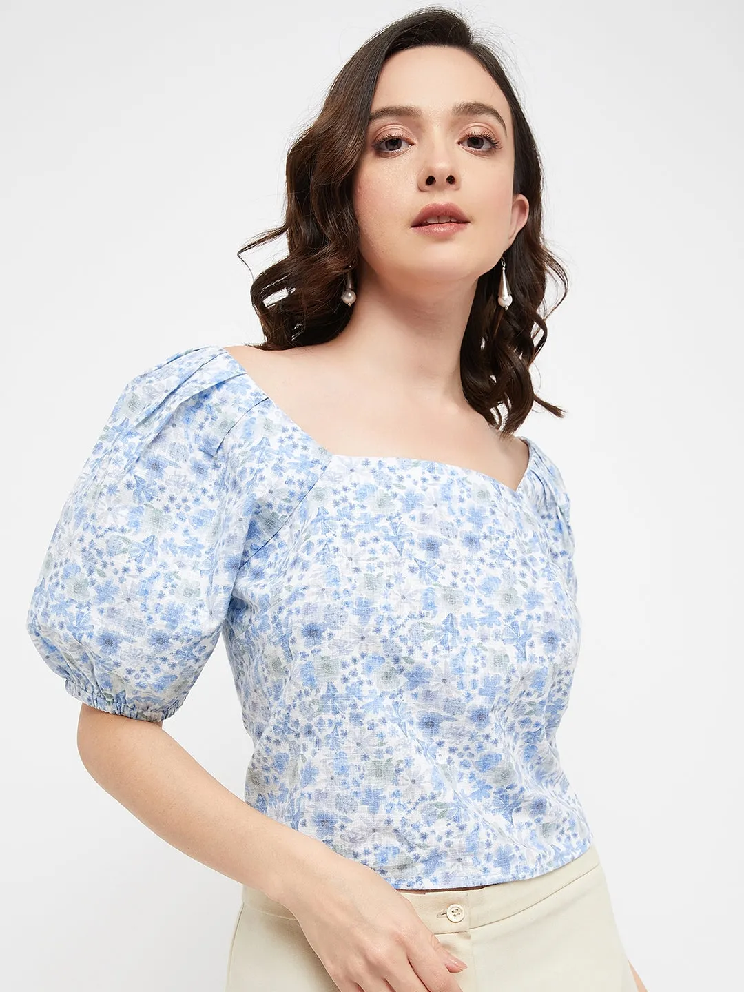 Madame Sky Floral Square Neckline Puffed  Sleeves Top