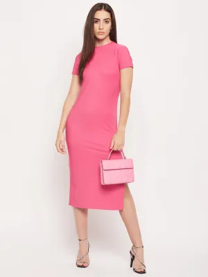 Madame Solid Pink Knit Slit Dress
