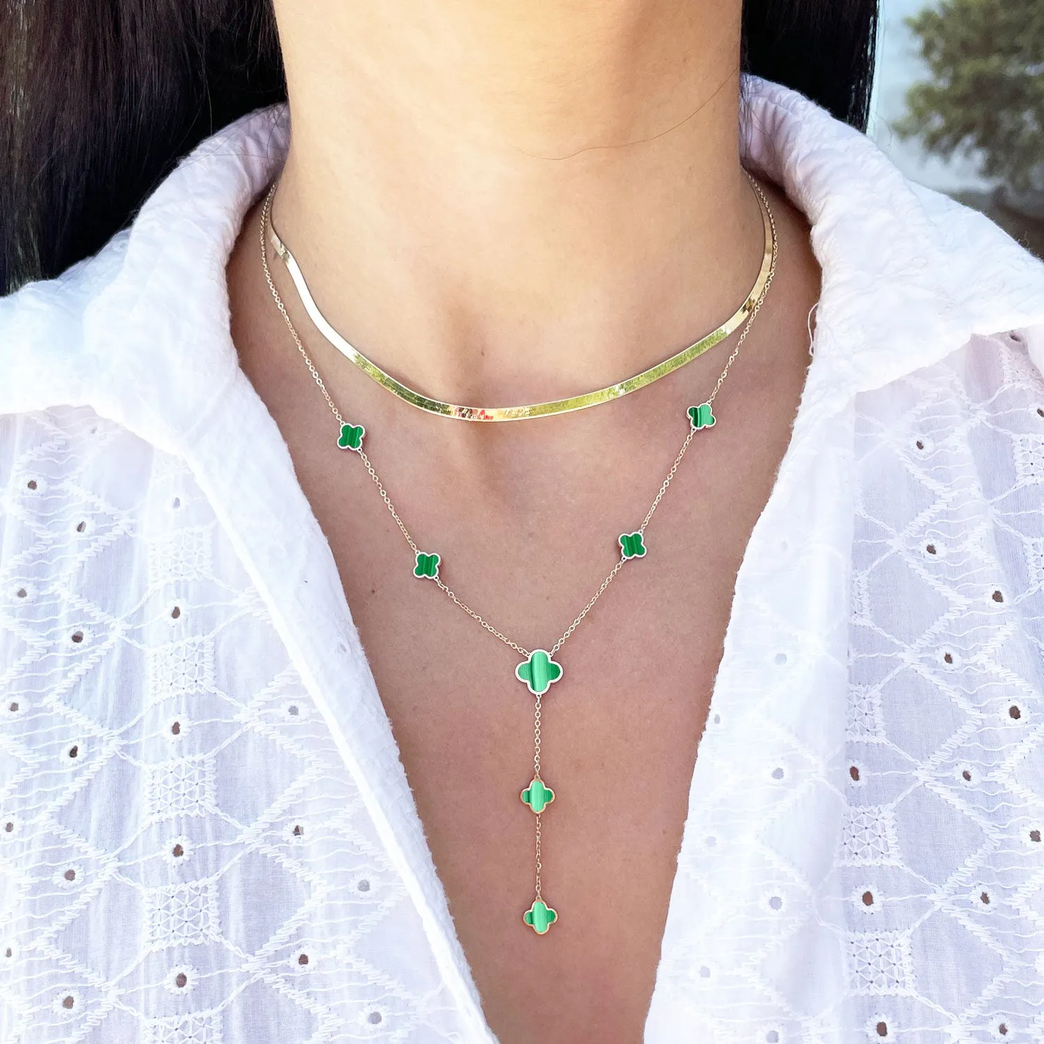 Malachite Clover Station Lariat Necklace