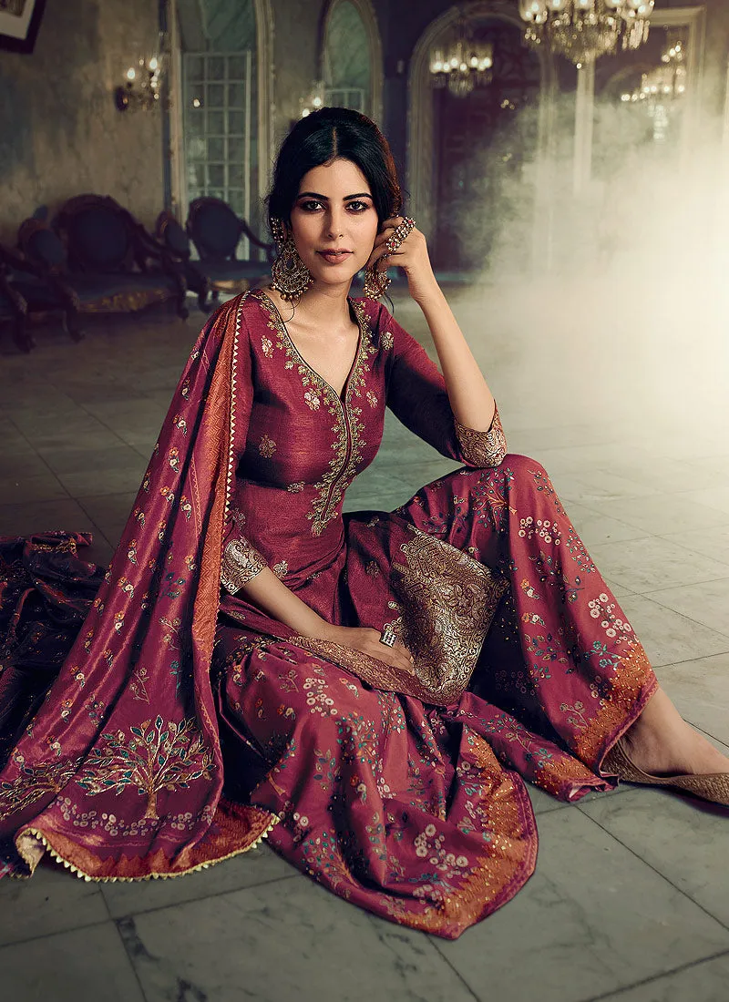 Maroon Embroidered Foil Printed Gharara Suit