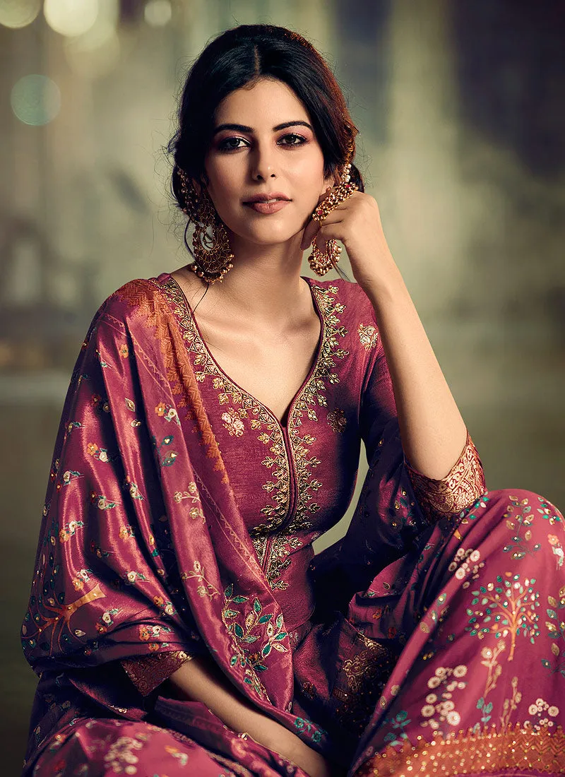 Maroon Embroidered Foil Printed Gharara Suit